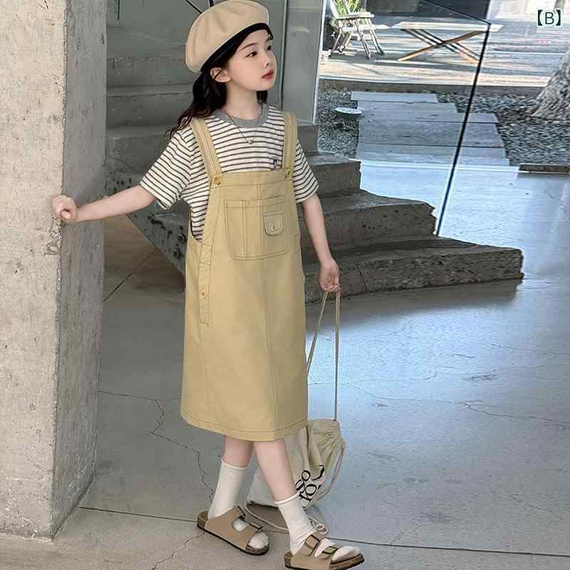 子供服 女の子 背 吊りスカート セットアップ 半袖 Tシャツ ストライプ柄 夏物 薄...