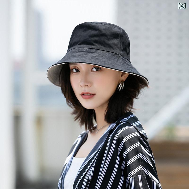 紳士帽 - フィッシャーマンズハット レディース メンズ 夏用 春夏 秋用 ダブルフェイス 大帽檐 純色 遮陽 紫外線カット 黒 米色 浅藍 涼しい 通気性 軽量 丸頂 平檐 屋外 旅行 普段使い 韓国風 トレンド