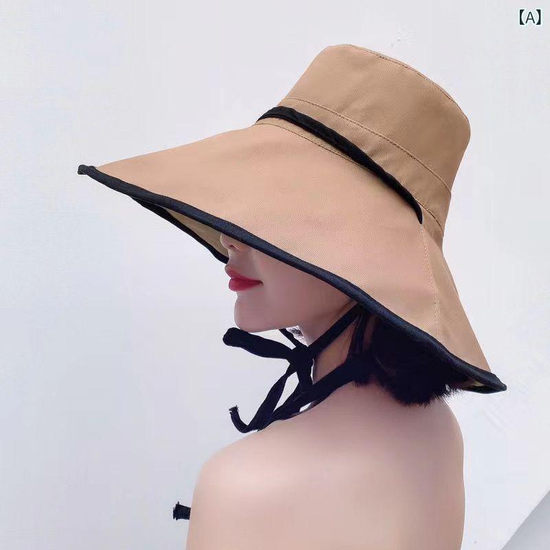 ハット 女性用 夏用 韓国風 大つば ファッション 包縁 紫外線カット サイクリング フェイスガード スリム 防晒 透気 通気 折りたたみ コットン 丸頂 調整可能 インスピレーション ネットセレブ クール スイート 個性 潮 カラキ 米白 黒 ピンク