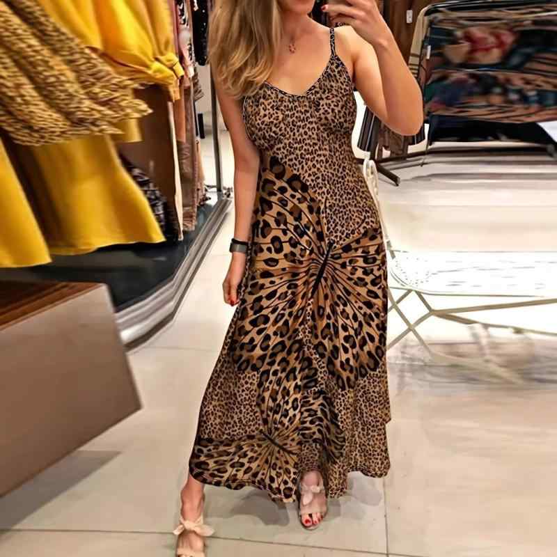 ワンピース レディース ヒョウ柄 バタフライプリント Vネック ノースリーブ ロング丈 ゆったり 膝下 伸縮性 接触冷感 裏地なし ポリエステル アセテート カーキ 春夏