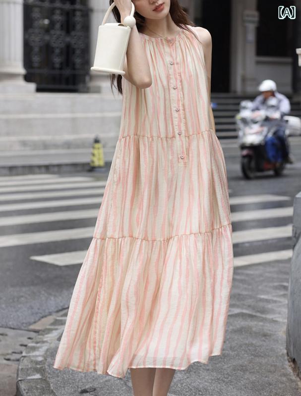 ワンピース レディース テンセル ストライプ柄 ノースリーブ 膝丈 ひざ丈 ミモレ丈 Aライン ゆったり ラウンドネック 春夏 水波ピンク