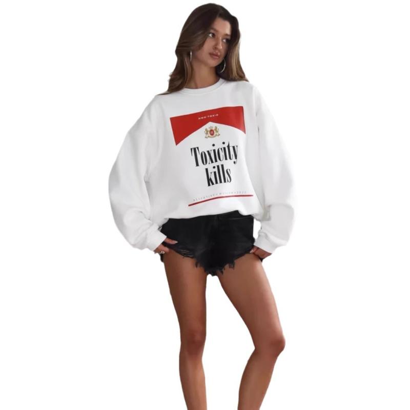 スウェット レディース 秋冬 厚手 裏起毛 ラウンドネック ロゴ プリント ストリート カジュアル 暖かい ゆったり 白色