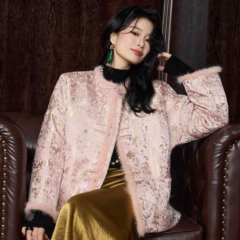 綿入れジャケット レディース 中国風 ミンク風襟 ポリエステル ゆったり 厚手 ピンク系 防寒 あったか 秋冬