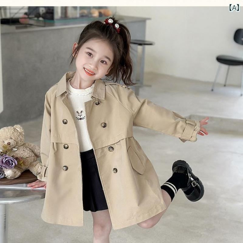 子供服 ガールズ アウター ジャケット コート 春秋 韓国風 レトロ ダブルブレスト ミドル丈 薄手 上着 カーキ ピンク系 かわいい(4)