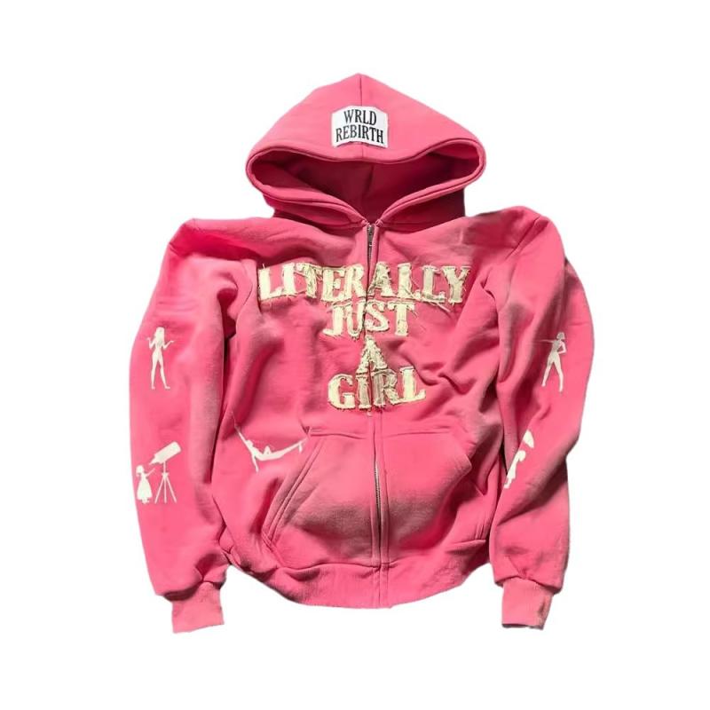 パーカー レディース メンズ ストリート アルファベット ワッペン 刺繍 ジップアップ 長袖 ポリエステル ブラック グリーン ピンク 桃色 힙합 カジュアル スポーティー