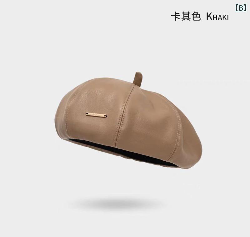 ベレー帽 女性用 秋冬 画家風 復古 かわいい 時髦 深棕 卡其 黒 PU皮 皮革 保暖 防風 欧美風 簡約風 百搭風 優雅風 軽奢 高级感 ファッション 通勤 ユニセックス ハンドメイド 2