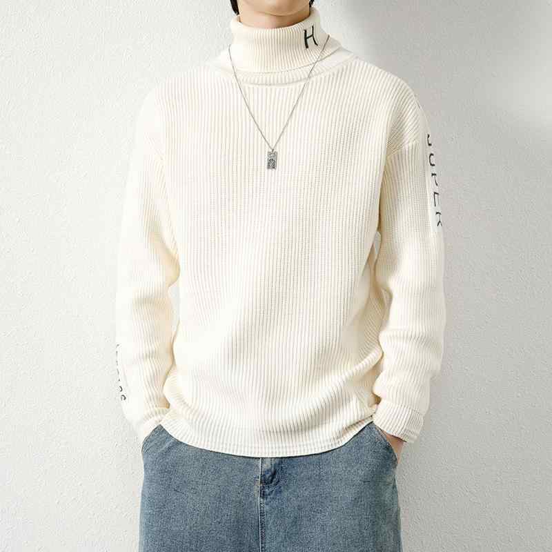 ニット メンズ 秋冬 ハイネック セーター 厚手 無地 長袖 トップス カットソー 韓国風 若者向け カジュアル 普段使い カキ色