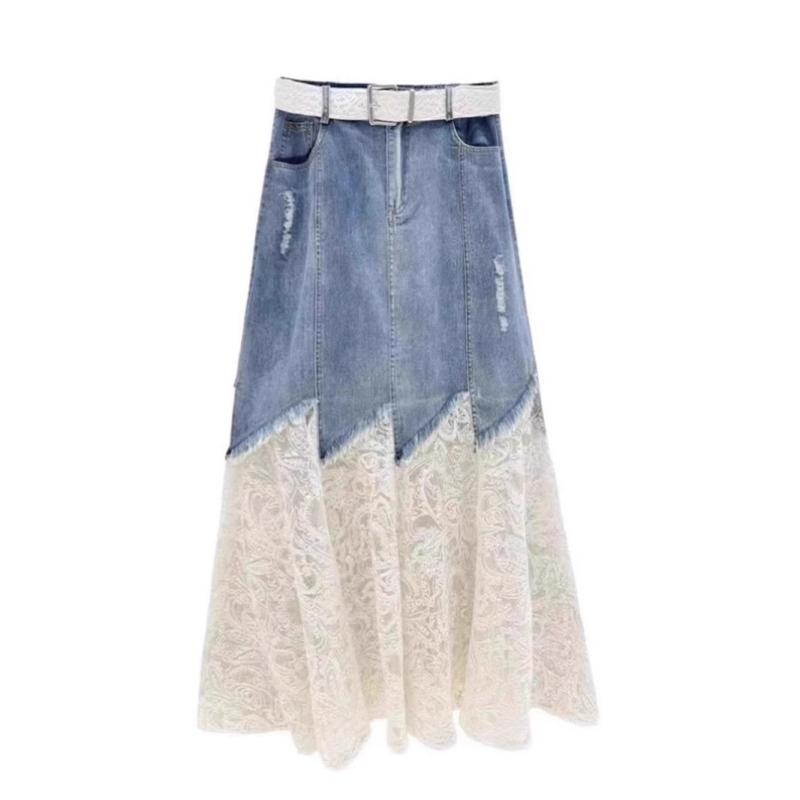 スカート レディース デニム レース 切り替え Aライン ミモレ丈 ブルー デニムスカート シェニール 伸縮性