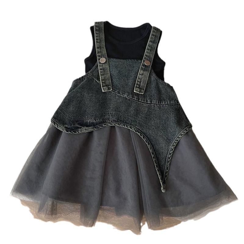 Jumpers - ワンピース キッズ 女の子 デニム ジャンパースカート 2点セット 子供服 夏 ノースリーブ チュールスカート 90 100 110 120 130 140cm かわいい ガールズ お出かけ 普段使い