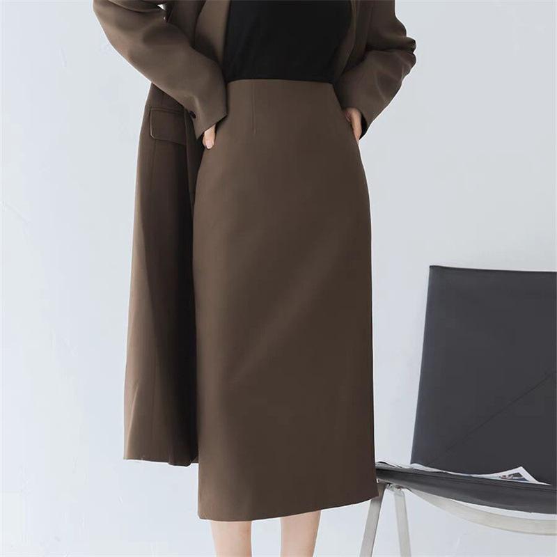 スカート レディース Aラインスカート ミモレ丈 ポリエステル 無地 スリット入り ハイウエスト コーヒ..