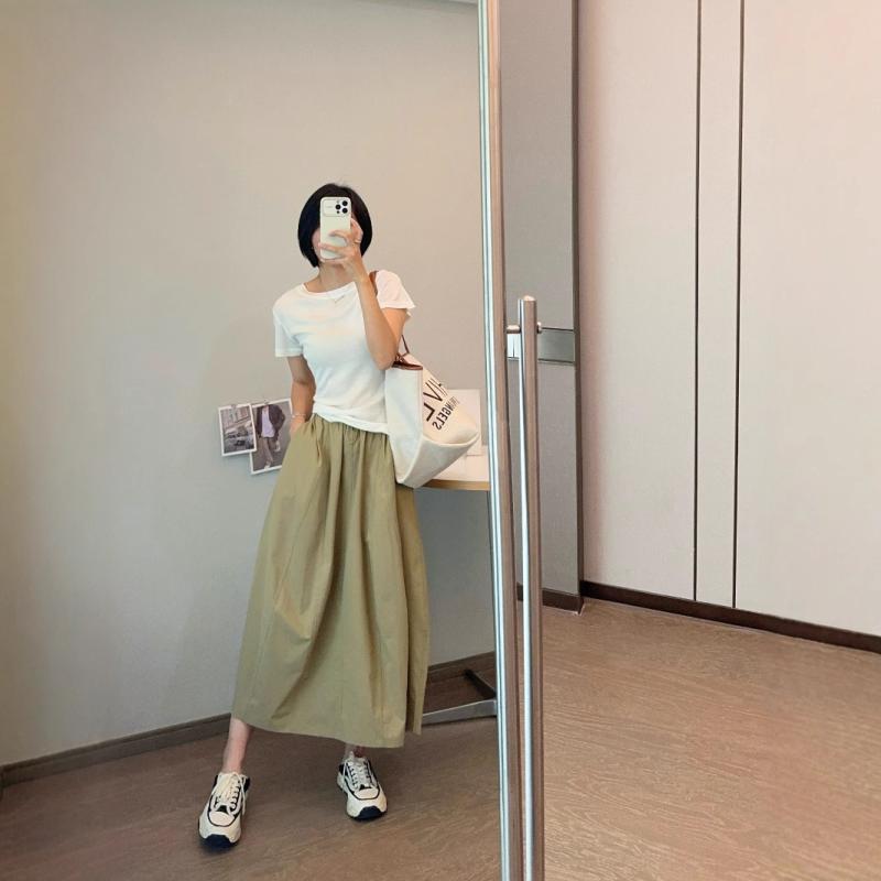 スカート レディース A字スカート 膝丈 ポリエステル ウエストゴム 無地 カジュアル カーキ ブラック ..