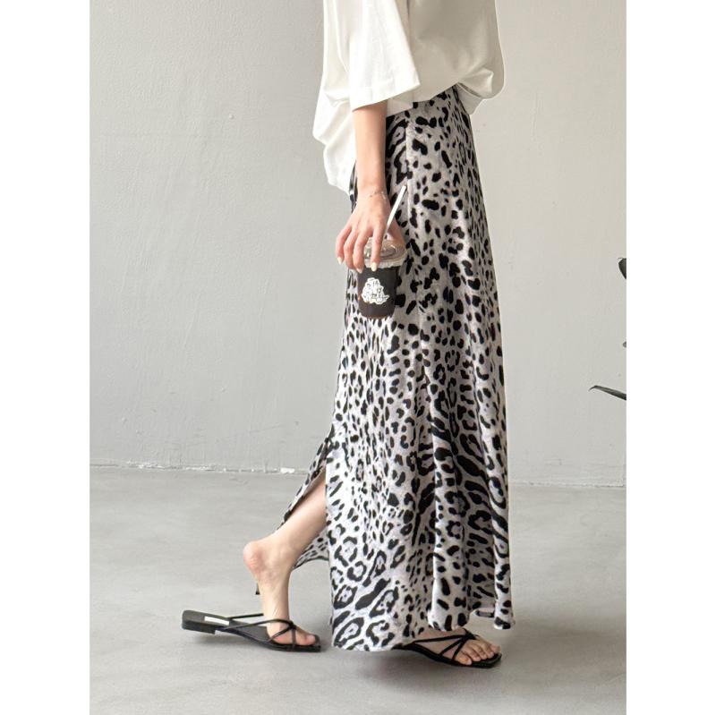 スカート レディース ヒョウ柄 Aライン ロングスカート ポリエステル スリット入り 韓国風 M L XL