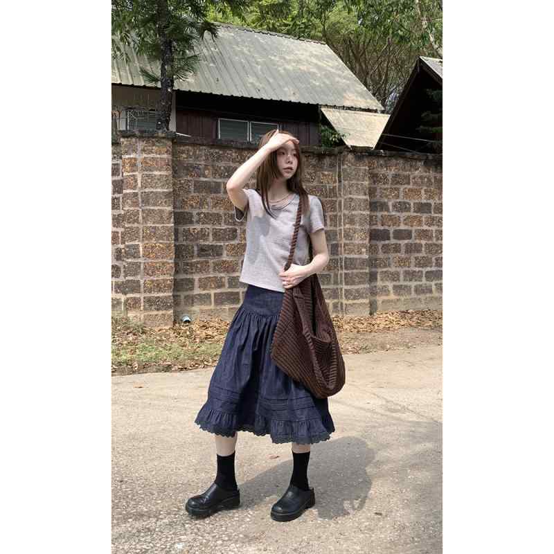 スカート レディース レトロ Aライン コットンリネン ミモレ丈 レース 切り替え デザイン 伸縮性 活性ブルー 春夏