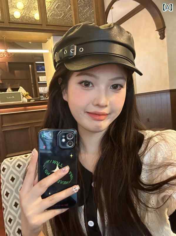 Hat - ベレー帽 黒 復古風 高級感 平頂 女性用 顔映り 小八角 潮 渋谷ガール PU革 帽子 防晒 防水 保暖 防風 防虫 人造皮革 休闲風 運動風 軽奢風 シック風 时尚通勤 機刺繍