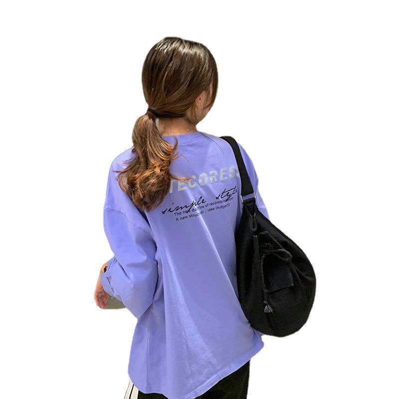 スウェット レディース 長袖 プルオーバー 薄手 トップス プリント ゆったり ラウンドネック ポリエステル混紡 カジュアルスタイル 白色 黒色 紫色