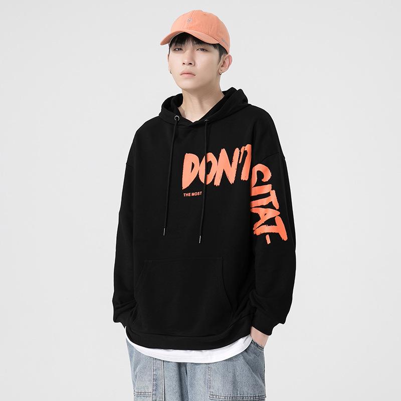 パーカー メンズ 長袖 秋服 プリント 韓国風 ルーズフィット プルオーバー トップス カジュアル ウェア ポリエステル ホワイト ブラック ブルーグレー オレンジ