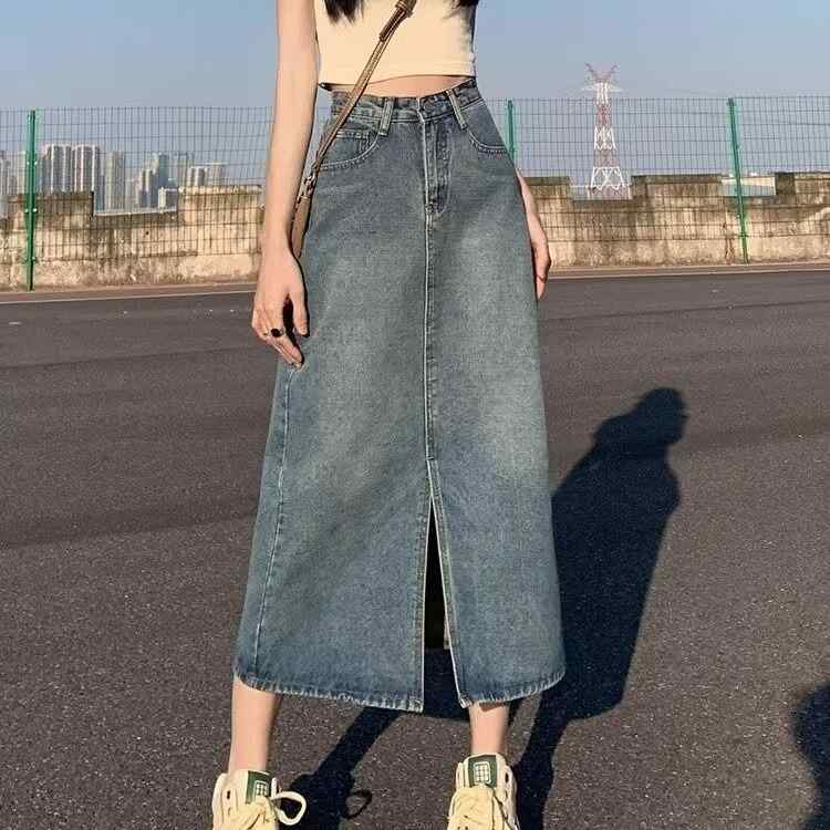 スカート レディース デニム Aラインスカート ミモレ丈 ハイウエスト スリット ヴィンテージ風 ブルー コットン 通勤