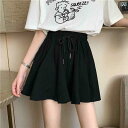 ショートパンツ レディース 春夏 高見え ワイドレッグパンツ Aラインスカート風 キュロット 接触冷感 ゆったり ブラック ポリエステル