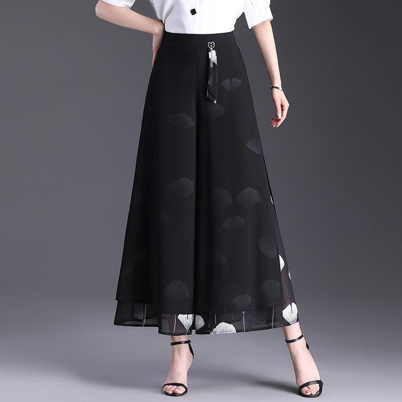 パンツ レディース ワイドパンツ スカーチョ 春夏 シフォン 高見え 高腰 薄手 ゆったり 花柄 黒 ブラック ピンク系 七分丈 ストレートパンツ