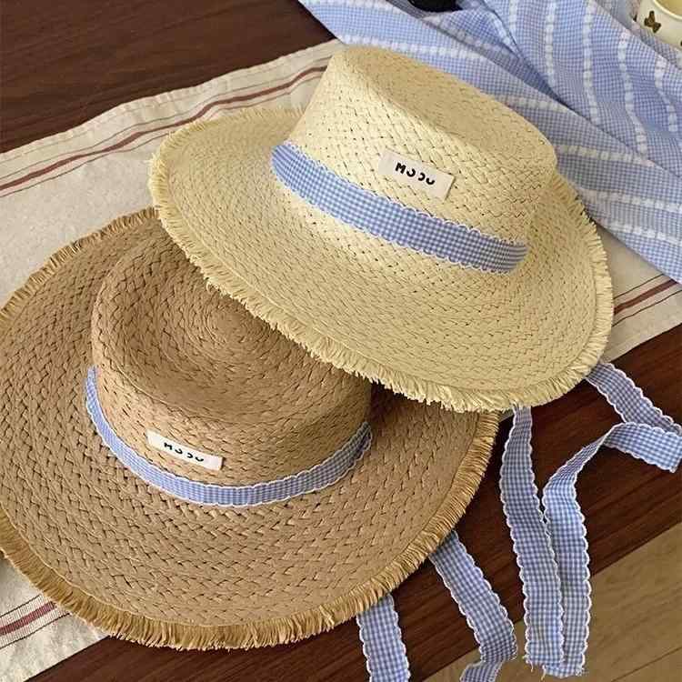 For Women - 麦わら帽子 女性用 夏 韓国風 かわいい ワイドブリム 遮陽 透気 防風 海辺 バカンス 防晒 田園風 度假風 仙女風 甘いスタイル 清新 甘美 格子柄 リボン 付き かき 米色 平頂 麦わら 麦わら帽子 女性用 夏用 かわいい 韓国系 ワイドブリム帽