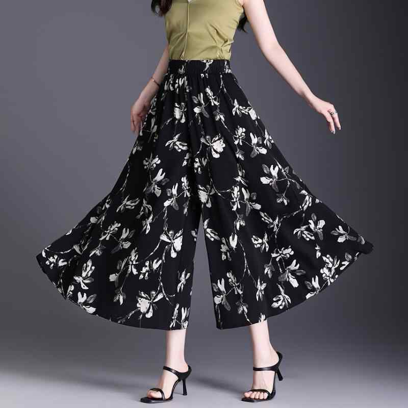 スカート レディース 高腰 ワイドレッグパンツ ゆったり 7分丈 ポリエステル 黒 花柄 プリント 春夏 文芸復古風 普段使い