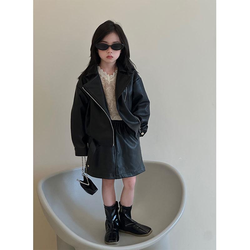 子供用レザージャケットセットアップ 女の子 PUレザー クロップド丈トップス ミニスカート 2点セット ..