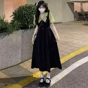 ワンピース レディース 春夏 韓国風 偽ツーピース サスペンダースカート ロングスカート ポリエステル 高腰 半袖 ブラック M L XL 2XL 3XL 4XL 5XL