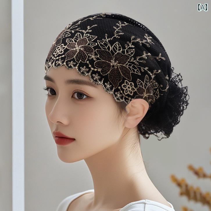 Hats - 帽子 刺繍 花柄 レース ヘッドスカーフ 女性用 綿ポリエステル 透気 防風 黒 グレー ワインレッド 個性 カジュアル 春夏秋用 ファッション ヘッドウェア ヘアアクセサリー ママスタイル 百搭 便利 丸頂 無檐 均一サイズ