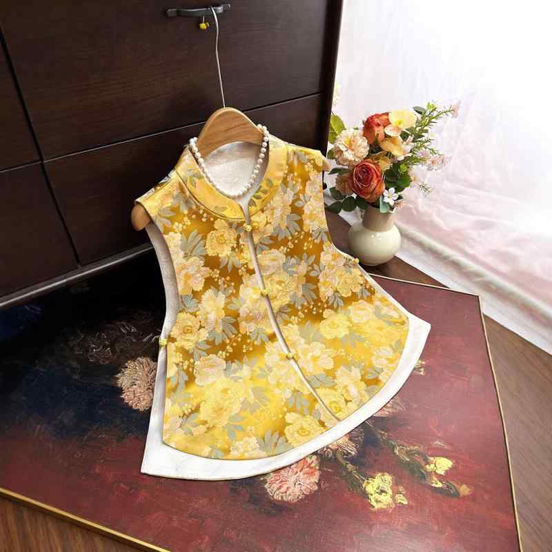 ベスト レディース 春 織り柄 立ち襟 チャイナスタイル レトロ マージャン牌 黄色 イエロー