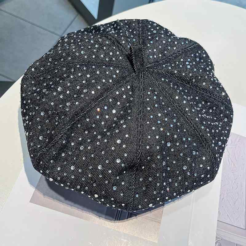 Hats - ベレー帽 女性用 画家帽 ファッション ダイヤモンド刺繍 デニム素材 コットン 透気性 遮陽 通勤 ストリート 春秋 黒 ライトブルー ミッドブルー ダークブルー 56-58cm 均一サイズ 丸頂 無檐 カジュアル 芸術的 顔映り 汎用 潮い 洋気 休日
