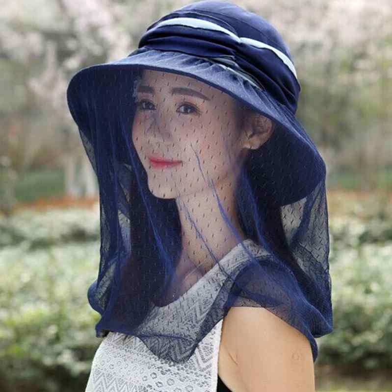 帽子 - レディース 帽子 夏季 防晒帽 紫外線対策 遮陽 防虫 面纱 付き 漁夫帽 屋外 丸頂 広檐 ピンク 紺 ベージュ ライトブルー 綿ポリエステル 首元保護 春夏 秋用 かわいい 軽量 通勤 アウトドア 普段使い