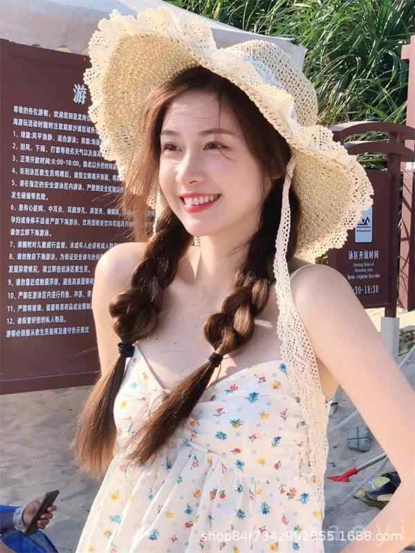 麦わら帽子 女性用 夏 春夏 麦わら編み 田園風 清新 かわいい ラウンドトップ ワイドブリム ベージュ 茶色 麦わら素材 切り替え レース縁 防晒 遮陽 旅行 ビーチ 軽量 通気性