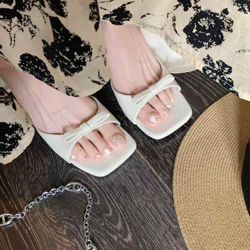 サンダル レディース 羊革 仙女風 バタフライリボン スクエアトゥ サマー スリッパ ピンヒール ハイヒール 黒 白 ベージュ