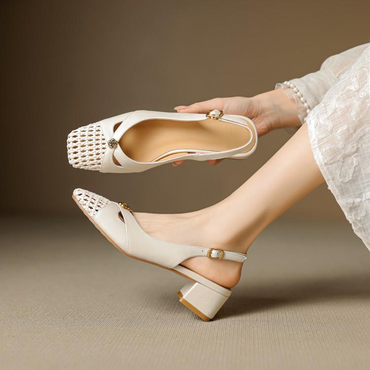 サンダル レディース 羊革 バックストラップ スクエアトゥ チャンキーヒール ミドルヒール 3cm 4cm 5cm..