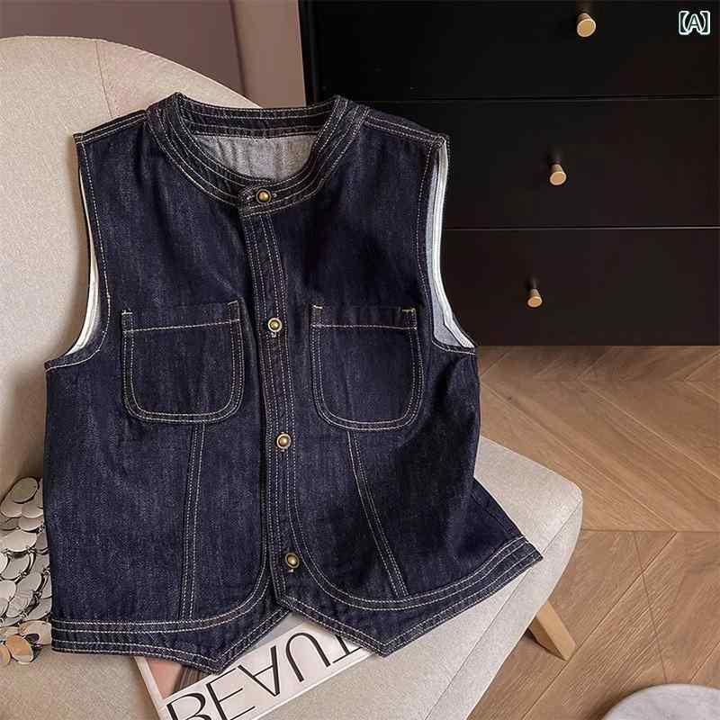 シャドーテールのベスト レディース 美式 レトロ デニム ゆったり 重ね着 ノースリーブ チョッキ 春秋 青黒色 綿 カジュアル｜アングル2