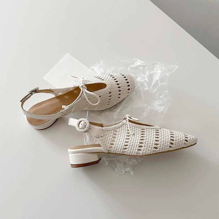 サンダル レディース 羊革 編み込み 镂空 バックストラップ ローマ風 スクエアトゥ 太ヒール バタフラ..