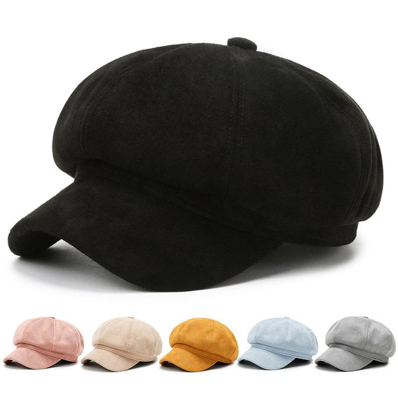 Hat - 八角帽 ベレー帽 女性用 秋冬 画家風 英倫風 ファッション帽子 鹿皮绒 保暖 黄色 黒 ピンク 清新 甘い 民族風 国風 調整可能 丸頂 曲檐
