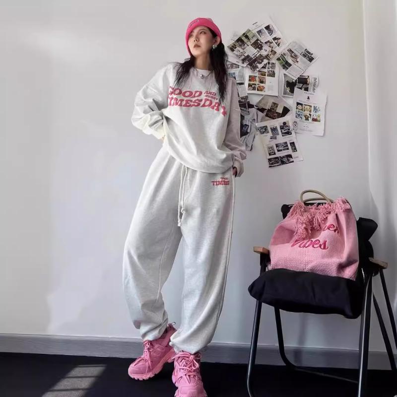 スウェット レディース ジャージ セットアップ 春秋 韓国風 部屋着 リラックス ウェア カジュアル 上下セット 長袖 長ズボン グレー
