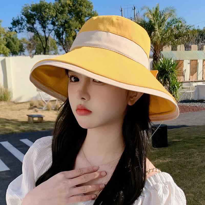 女性用 帽子 春夏 バケットハット 蝴蝶結 リボン 大つば 漁夫帽 夏用 防晒 遮阳 黒...