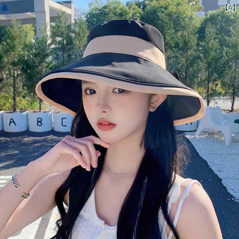 女性用 帽子 春夏 バケットハット 蝴蝶結 リボン 大つば 漁夫帽 夏用 防晒 遮阳 黒...