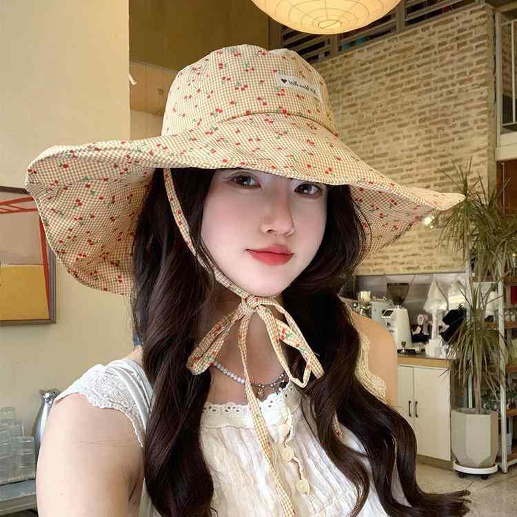 漁夫帽 レディース メンズ 春夏 秋 かわいい 格子 花柄 大帽檐 綿 透気 防風 遮陽 帽子 グレー カーキ 緑 ピンク ブルー 甘め 自然 韓国風 清新 甘美 機刺繍 屋外 帽子 潮 スタイル