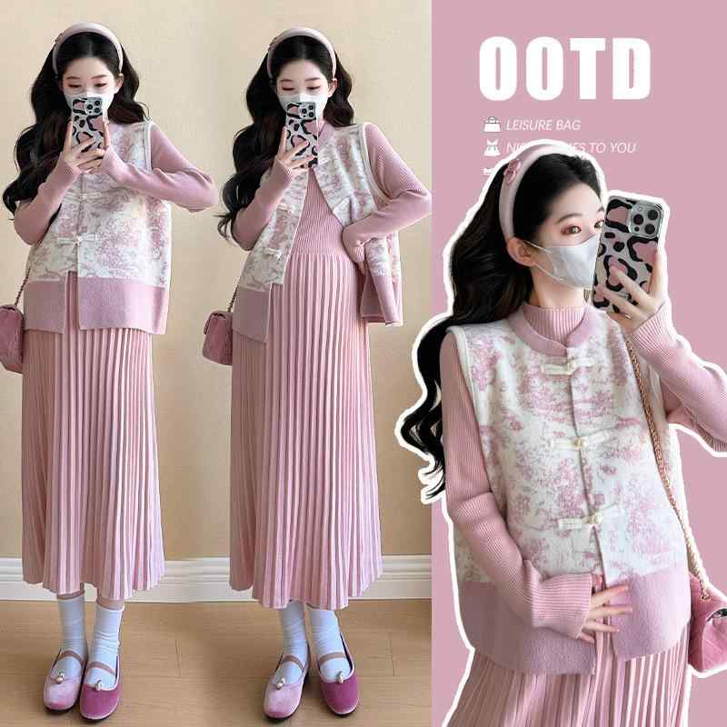 マタニティウェア 秋冬 ニット 百褶スカート セットアップ コットン ポリエステル 授乳服 カットソー 長袖 かわいい ピンク系 ブラック