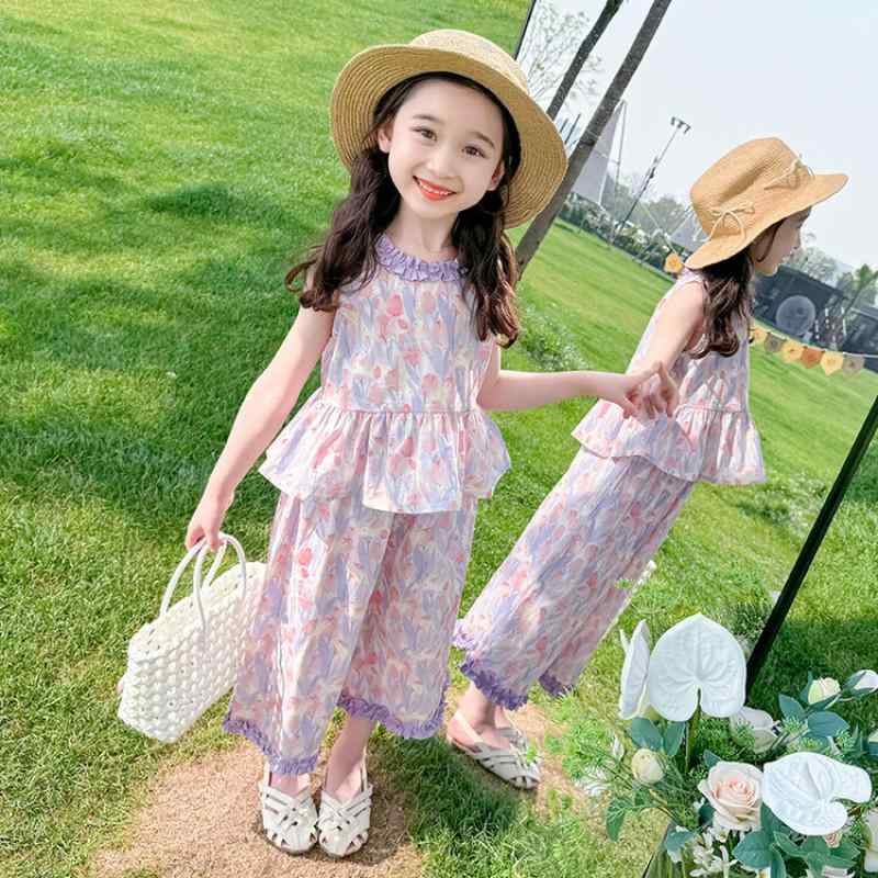 キッズ セットアップ 女の子 夏物 花柄 ノースリーブ ワイドレッグパンツ 上下2点セット 薄手 かわいい..