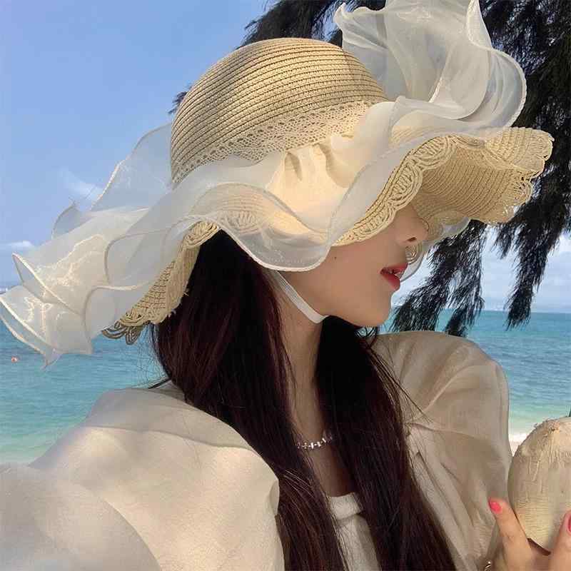 麦わら帽子 女性用 夏 春夏 大檐 波浪縁 花柄 かわいい 遮陽 防晒 透気 防風 草編...