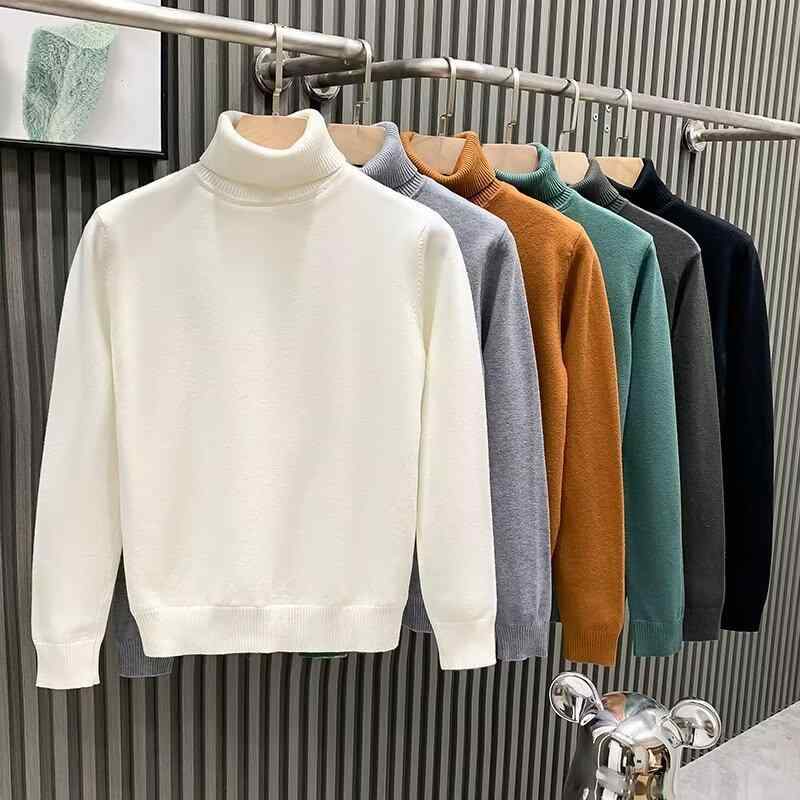 ニット メンズ 高ネック セーター ティーンエイジャー向け 厚手 防寒 リブ裾 プルオーバー スリムフィット カシミヤ風 ポリエステル ホワイト ブラック グレー キャメル ワインレッド ブルー グリーン カーキ ネイビー ブラウン 秋冬