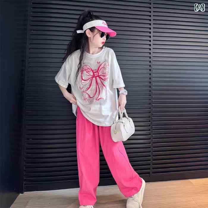 子供用パンツセット 韓国風 半袖トップス ワイドパンツ 2点セット 蝶結びプリント 薄手 夏 中大童 女の..