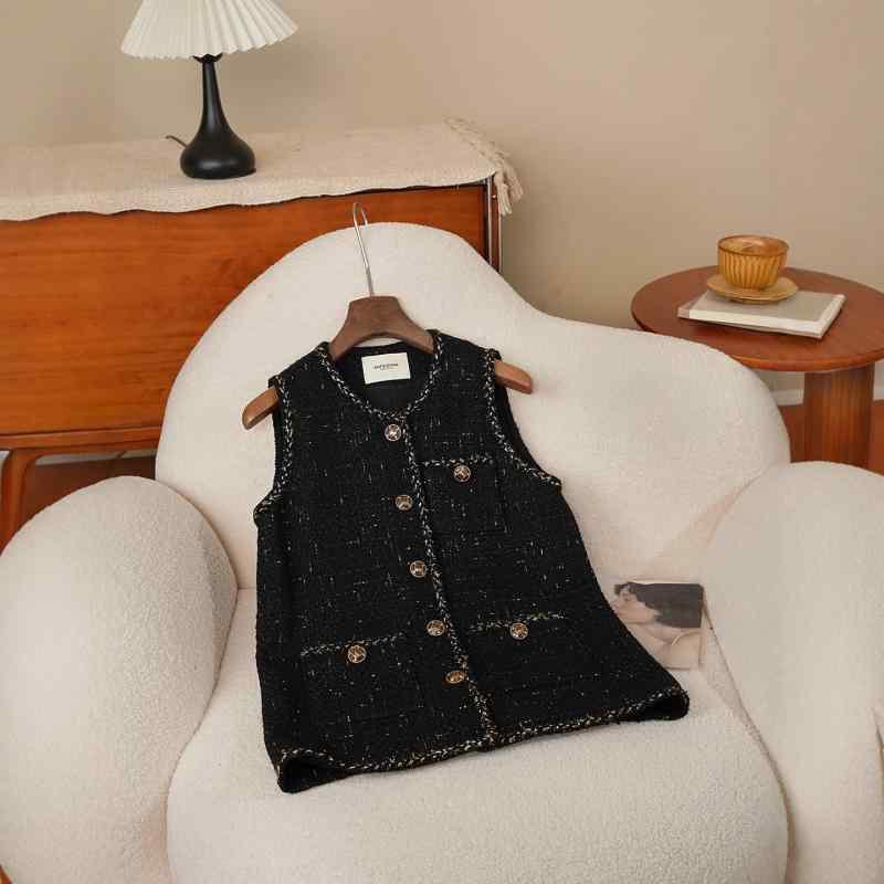 ベスト レディース 春秋 フレンチスタイル ブラック ゴールド 粗織り ツイード ラウンドネック 花柄 レース スリムフィット 女性用 トップス(4.0)