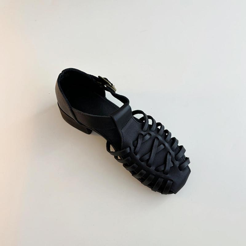 サンダル レディース 羊革 ローマ風 編み込み オープントゥ 太ヒール バックストラップ レザー 本革 レトロ 黒 ブラック ブラウン 3cm-6cm