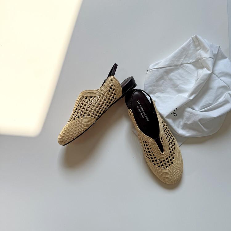 サンダル レディース ぺたんこ 夏 ボヘミアン風 バッグストラップ ラタン 籐 スロープヒール フラット 杏色 白色 ブルー