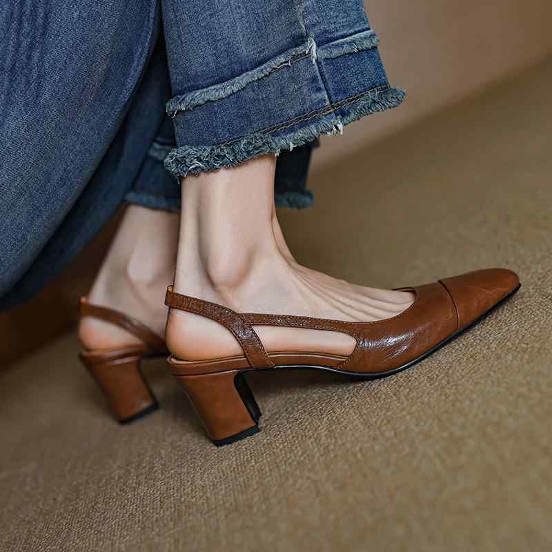 サンダル レディース チャンキーヒール バックストラップ レザー ラウンドトゥ 羊革 本革 ミュール 茶..